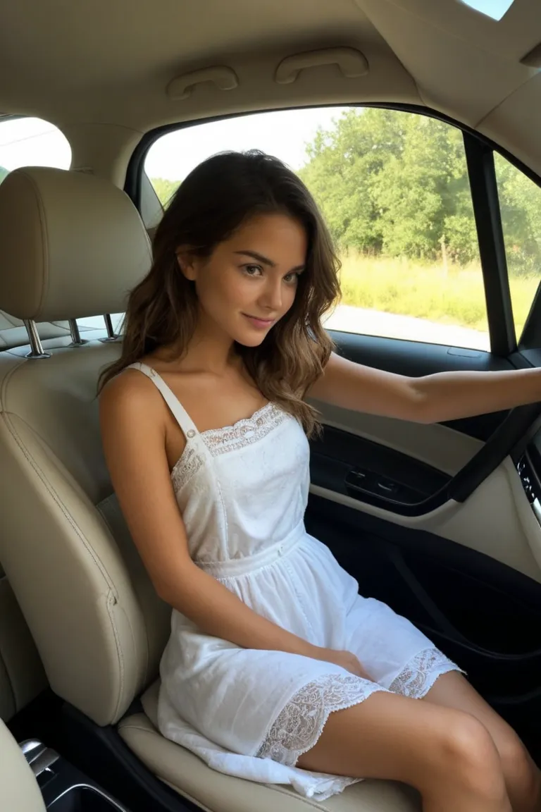 In white dress in the back of a car taking a picture with her looking in the camera nice face