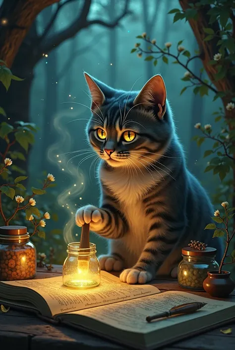 Script -  "The Witch Cat's Potion"

Cena 1: Enchanted Forest - Afternoon(Sound of feather scratching the paper and fire crackling)

[Camera closely accompanies] Soft and magical music in the background.

Your Eyes sparkle with satisfaction when she finds a...