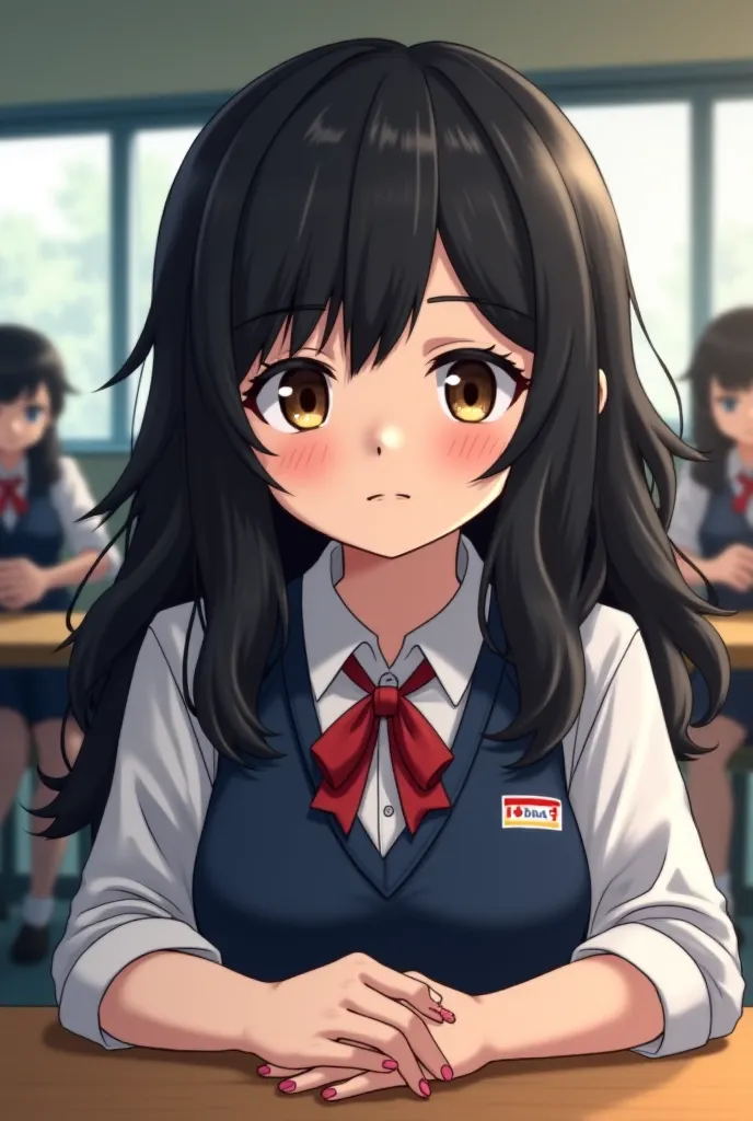 Screenshot of my hero academy.
Girl with wavy black hair.
She has dull brown eyes and a serious expression. She wears a UA uniform and in the background she has a UA school class and is sitting at a table.