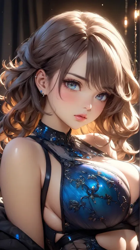 32k award winning Masterpiece. Highest possible detail. Extremely hyperrealistic skin textures with pores. shy eyes. 32k Ultra HD. Best quality highest detail. Extremely busty, curvaceous, very cute innocent woman with extra large gigantic ggg breasts. Ful...