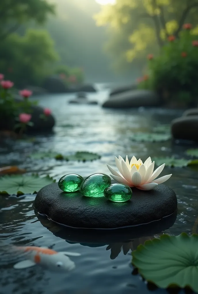 results Full power photo quality Hyperealism, artistic , realism, Ultra HD, unique, 4dimensional , There are three oval round emerald gemstones in a black stone in the middle of a flowing river., there is one white lotus flower next to the gemstone bordere...