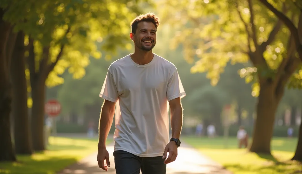 A man walking outdoors in a sunny park. The environment is vibrant and welcoming, with trees and natural light highlighting healthy, positive activities.