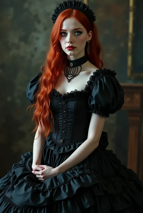 Create a goth redhead with a maid dress