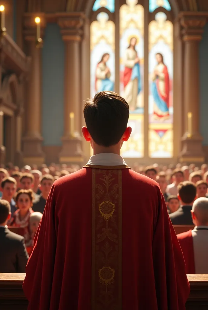 A pastor preaching,Young, smiling,Very realistic in a church