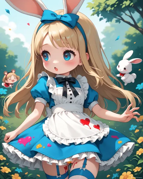 chibi anime , Alice in Wonderland , petit girl , round face , frill skirt , garter belt , moist , heart is beating fast , stuffed rabbit , Rodents , bold pose , out of frame , looking away
, paint on crotch , groin , paint on labia major , (finger in vagin...