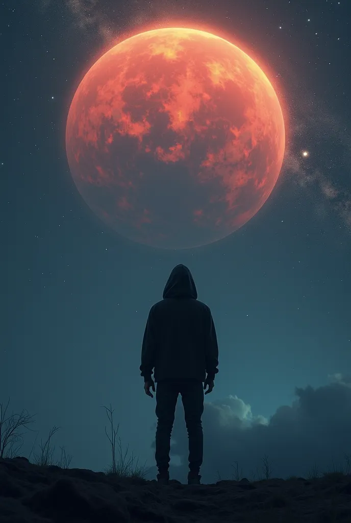 A man in a black hoodie next to the planet 