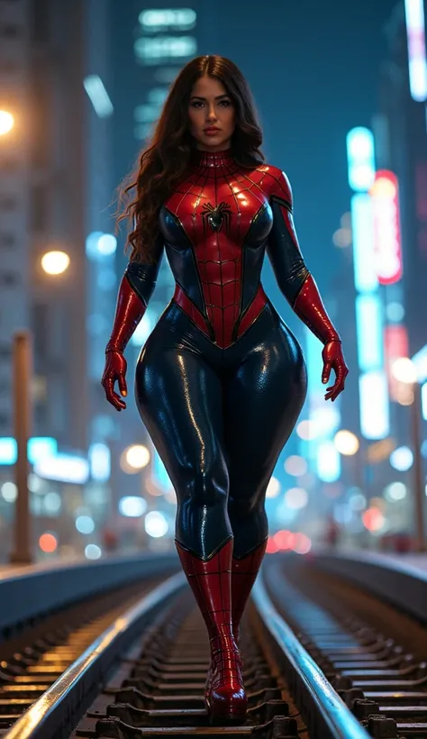 Spiderman woman walking, big breasts, standing on the track,  VERY REALISTIC, Background of a city at night with LED lights, Cinematic