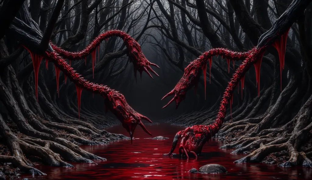 dark forest , dark, with dry branches bathed in blood, with veins tangling in the trees, with red scolopendra hanging around, soft humanoid heads on the ground, river of blood, with symmetric perspective, oil style,  saturated colors, only reddish colors a...