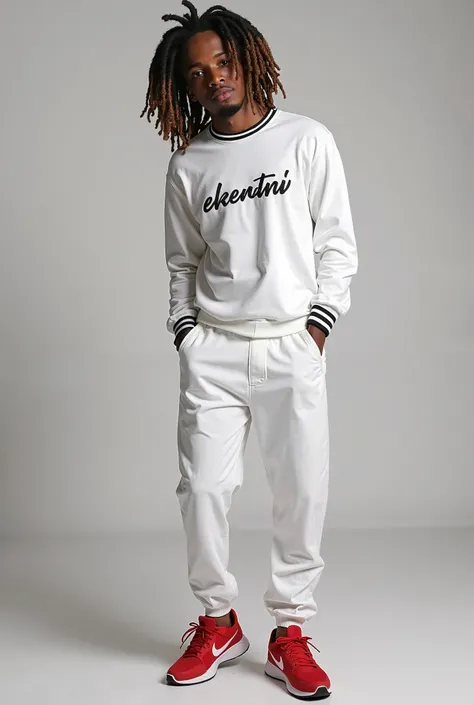 Young man  with dreartloads on hir wearing both white plain t-shirt with a name printed  ( sbababawabantwana )and white track suit... both on the t-shirt  and the trousers must have black trim last he must wear red nice shoes compere to the   dresscort