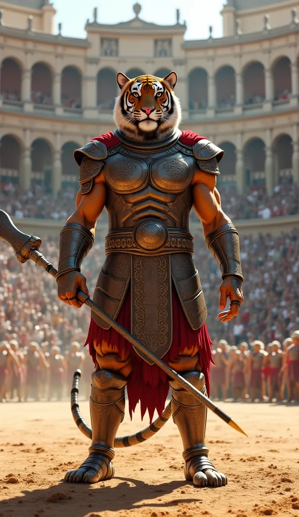 Tiger as gladiator in arena with armor and spear