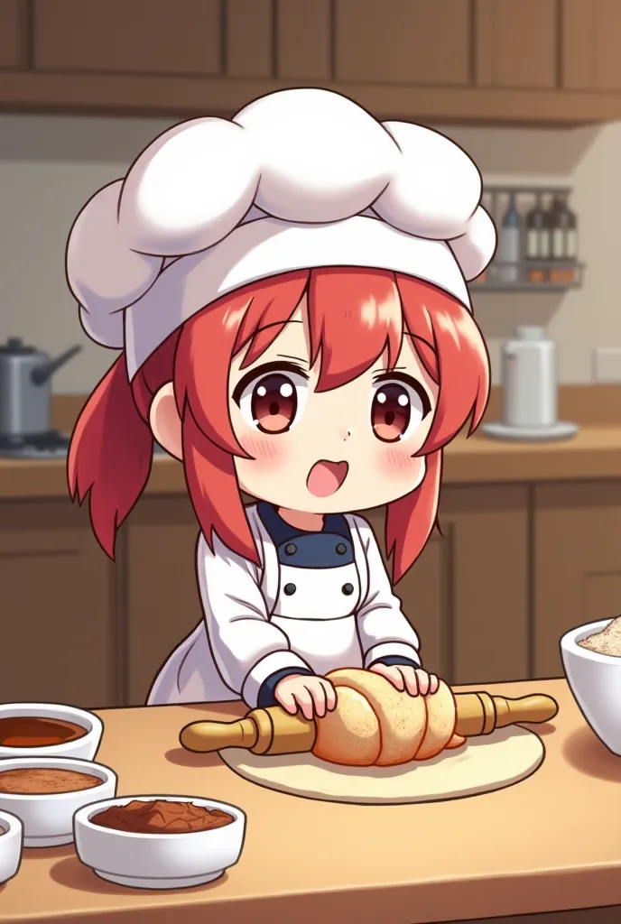 
"A Mini Chibi-style pastry chef rolling out dough, preparing a cinnamon roll. There are small bowls of cinnamon, sugar, and caramel sauce around. The kitchen is warm and inviting, with a wooden countertop."
