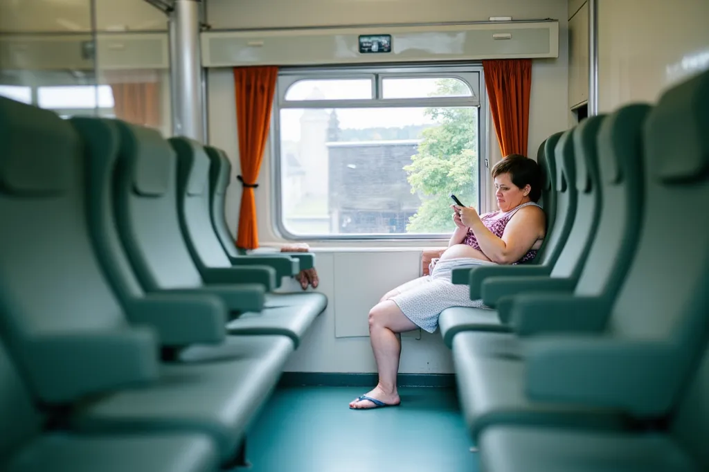 Amateur camera photo of Czech chubby women is sitting in the train  and  looking at her smartphone. She has brown short hair and one leg crossing other  with thick thigh  showing under her skirt. 