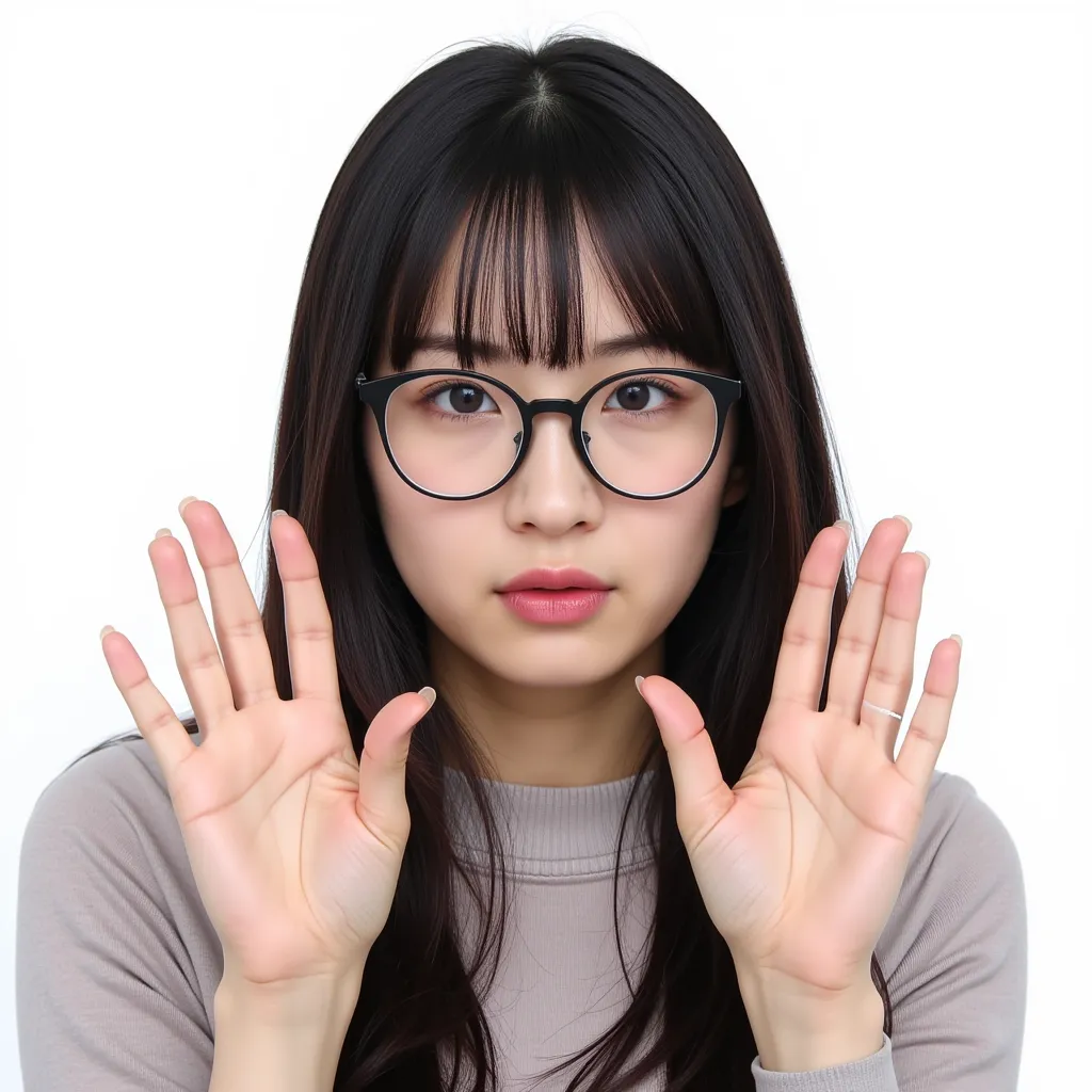 A beautiful Japanese actress with long black hair expresses the size of 1 mm with her hands with a questioning expression.She is wearing fashionable glasses.