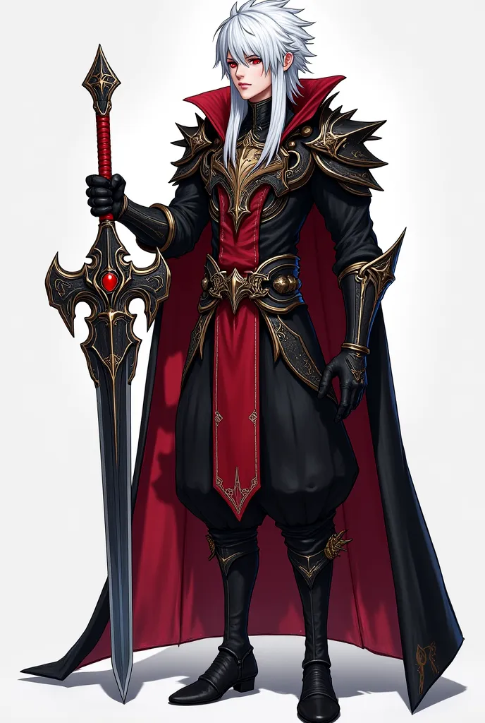 The image is a man design featuring a fantasy-themed character with a dark, gothic aesthetic. The character has spiky white and long hair, red eyes, and wears a black and red outfit with intricate designs and a long, flowing cape. The character is also hol...