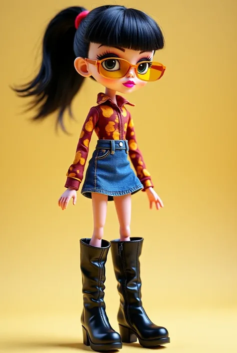 Bratz doll, denim skirt and long sleeves FIRE print shirt, with big black high heel boots, short black hair in a ponytail, thick Bratz doll lips and big Bratz eyes, white skin. Full body, NO fantasy makeup, thin yellow glass sunglasses 