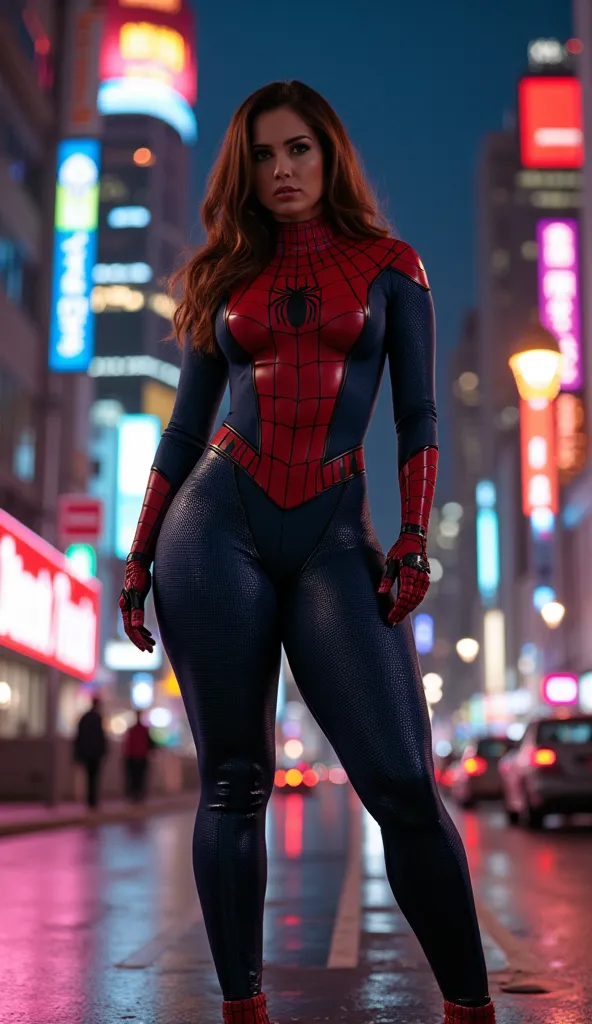 Spiderman woman walking, very large breasts, standing on the track,  VERY REALISTIC, Background of a city at night with LED lights, Cinematic