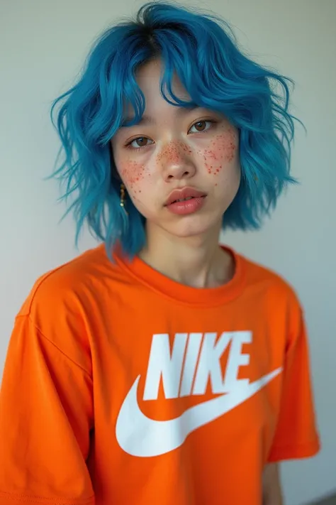  18-year-old with Nike shirt with pimples and blue hair