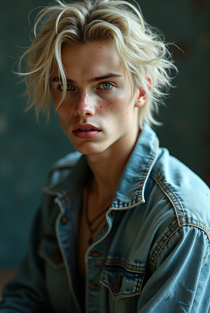 Blonde guy, feminine features, blue eyes, dressed in 80 grunge fashion, just a little bit of freckles, angelic face