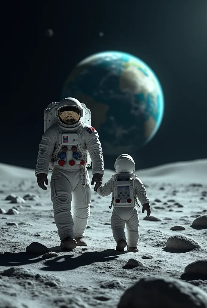 Man with his son on the astronaut moon and let their faces not be seen 