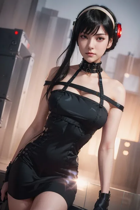 a woman wearing a black dress and a black necklace, retrato seductor de Yor Forger, cyberpunk anime girl, Yor from Spy X Family , female cyberpunk anime girl, Retrato de Yor Forger,  extremely detailed artgerm ,  seductive anime girl , Yor Forger, murata r...