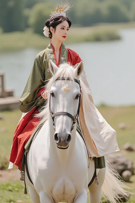 A woman in a traditional costume is riding a white horse through the Mongolian steppes, Hanfu, looks at one woman, palace ，A girl in Hanfu, red and green, Hanfu, Wuxi, Full body martial arts, Carafe woman wearing old Chinese clothes , Cyansia Fantasy,  anc...