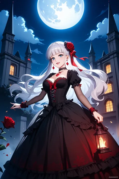 A gothic fantasy scene of Liliana, an elegant and melancholic young woman transformed into a vampire, standing under a glowing full moon in the misty city of Rosalia. She has a tall, graceful figure, wearing a long, deep red gothic dress with intricate bla...