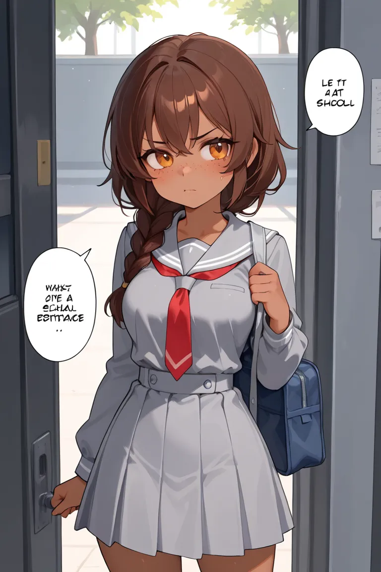  Female character , tsundere, hair with a long braid, brown hair, medium brown skin tone, medium breasts and large waist, amber eyes, small dark freckles,  pink cheeks, gray school uniform, waiting at the entrance to school.