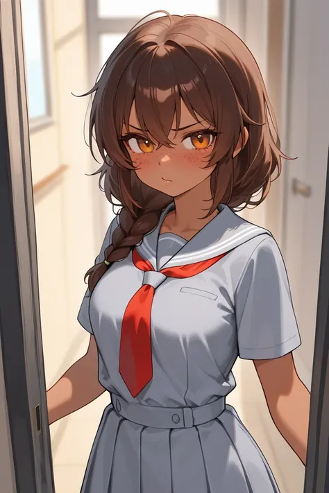  Female character , tsundere, hair with a long braid, brown hair, medium brown skin tone, medium breasts and large waist, amber eyes, small dark freckles,  pink cheeks, gray school uniform, waiting at the entrance to school.