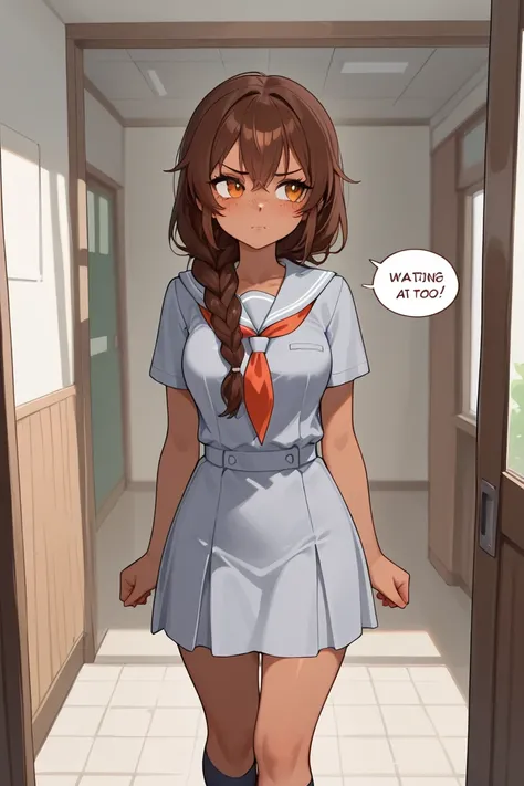  Female character , tsundere, hair with a long braid, brown hair, medium brown skin tone, medium breasts and large waist, amber eyes, small dark freckles,  pink cheeks, gray school uniform, waiting at the entrance to school.