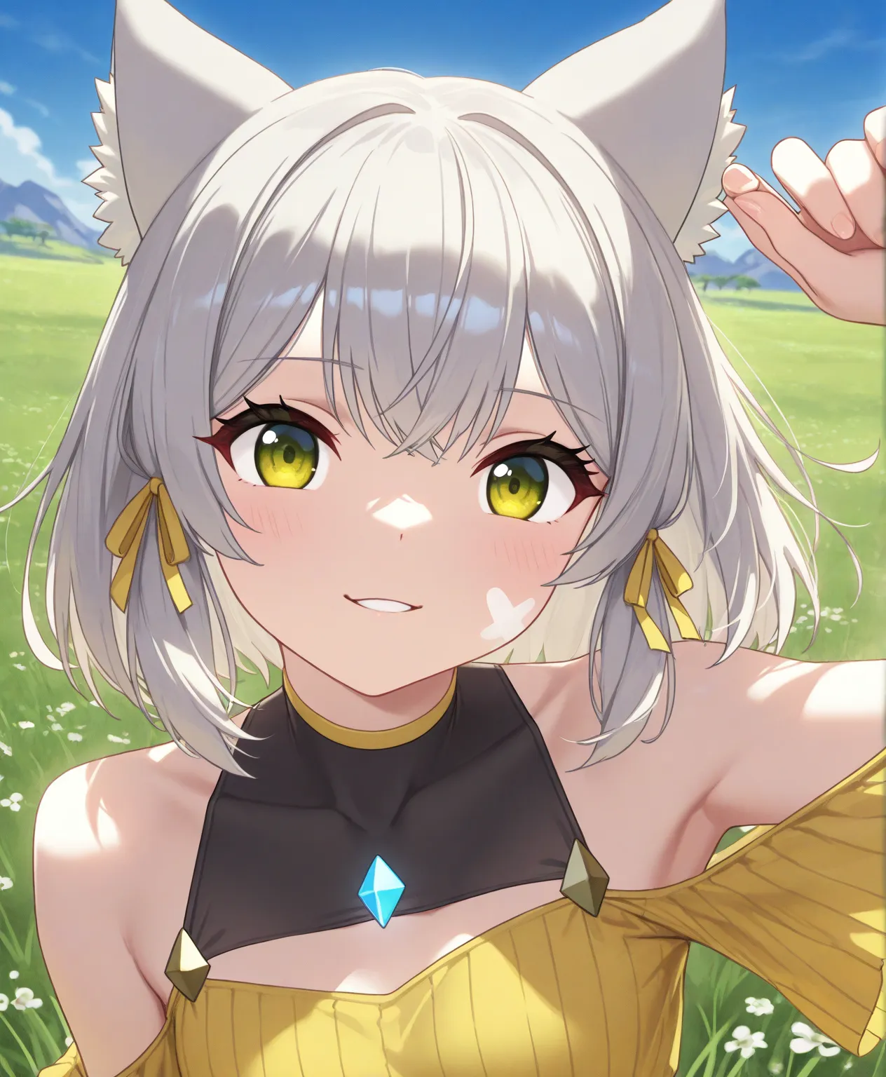 very awa, masterpiece, best quality, newest, highres, aburdres、fantasy world、our、our Xenoblade Chronicles 2、cat girl 、 short hair、Light grey hair、 is opening、Cute single tusk、 very small breasts 、slim body、Slender legs、Yellow costume、god々Clear sky、grass fi...