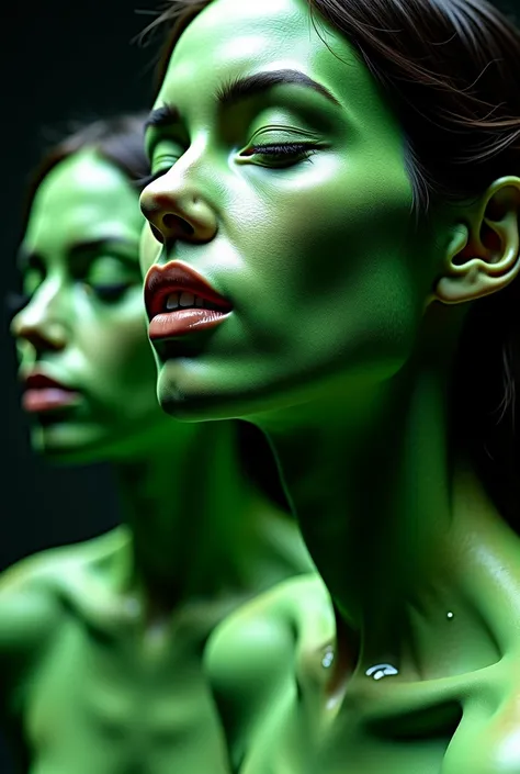 a close up of three naked women with green paint on their bodies,   green slime ,   green slime  everywhere, green skin,   green slime  dripping, boggy, Giger inspired , used in science fiction style,  moist and viscous , cubierta de baba!!, stained, slimy...