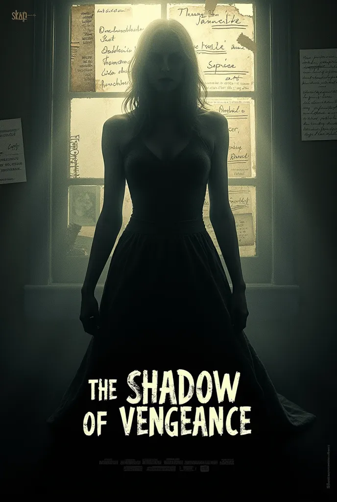 The poster of the movie The Shadow of Revenge must capture the essence of suspense Psychological and manipulation without Show directly the characters' faces. The shadow of a central figure must be in the center, projecting a threatening and cold shape, re...