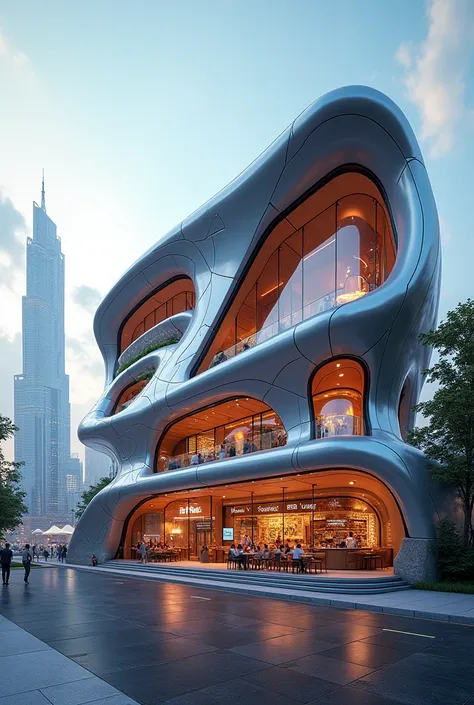 Show me the exterior of a 3D futuristic fast food restaurant