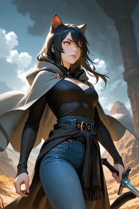  Cat woman with black hair, amber eyes, big cat ears, cat tail, long hair, black top, blue jean pants, gray hooded cape, long cloth wristbands, belt, short sword sheathed at the waist