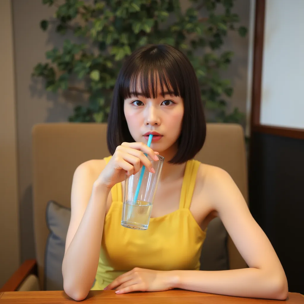 A Japanese woman in a sleeveless yellow top is sitting at a wooden table, holding a glass with a blue straw and drinking from it. The glass contains adetailed_portrait, japanese_woman, sleeveless_yellow_top, sitting_at_wooden_table, holding_glass_with_blue...