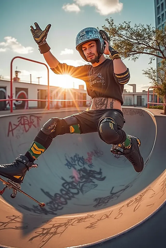 An action-packed scene of a skilled inline skater performing a high-flying trick at a modern skate park. The skater is mid-air, wearing a stylish helmet, knee pads, and a sleek urban outfit. The background features a vibrant city skyline with graffiti-cove...