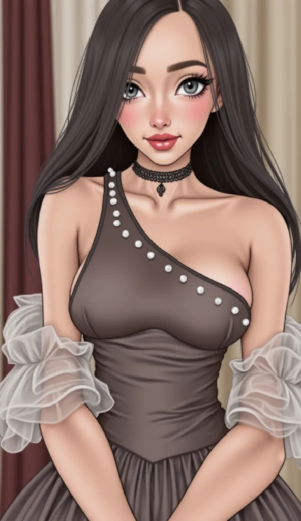   Slovan girl  ,at the age of 20 years,   with long straight white hair  , 
 skinny girl , skinny with big breasts
in a short wedding dress
Mesh dress
as short as possible, lace gloves,  collar
An open red shirt is draped
White lace 

,  girl 