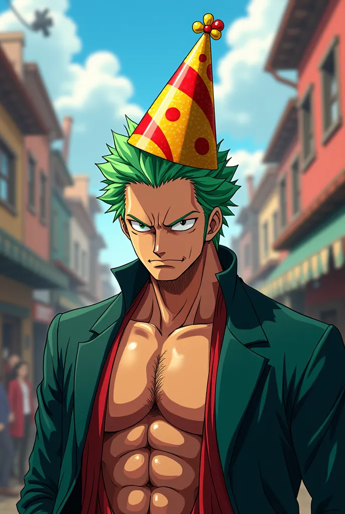 Roronoa Zoro with a birthday hat but that looks like in the anime