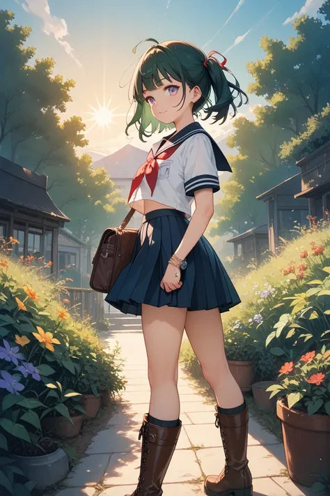 Dark green hair　shortcuts　High School Girls　sailor suit　red ribbon　sex　Erotic　No men　 cowgirl