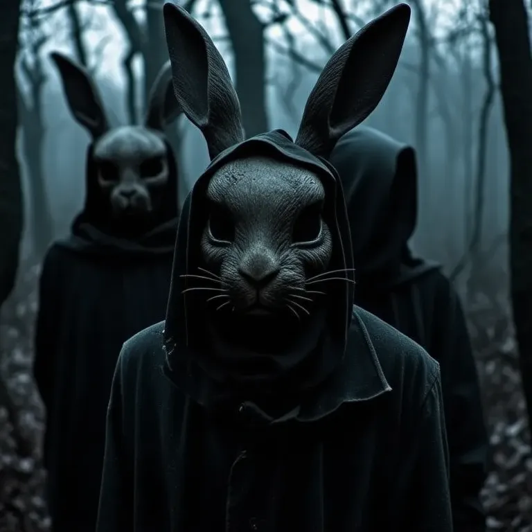 sinister, eerie, dark, shadow, distorted, grainy, film grain, Victorian, cultists, hooded, eerie, forest, rabbit head masks