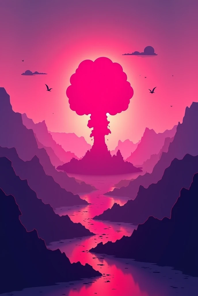 You can make a landscape destroyed by a war with mountains in the background and a central mushroom explosion, But I want you to do it with a vapor wave, style that adds a lot of purple and red colors to the image, as well as minimalist images and silhouet...