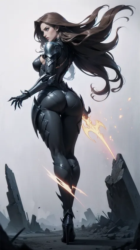 Full body image (((full body view)))dynamic and powerful depiction of Witchblade. She has long flowing brown hair, wears an intricate organic armor that fuses with her skin, running throug her body, glowing with mystical energy. Her pose is confident and c...