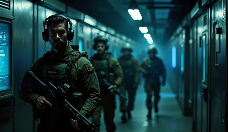 A high-resolution 8K photograph showing an elite group infiltrating an underground military facility, with metal walls and dim lighting. The soldiers, equipped with headsets and night vision goggles, move silently, their flashlights illuminating dark corri...