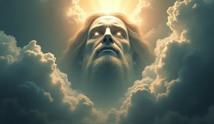 "A colossal, divine face emerges from swirling clouds, its piercing eyes glowing with ethereal light, gazing down upon Earth with an expression of solemn judgment. The heavens are alive with divine energy, radiant sunbeams piercing through stormy skies, ev...