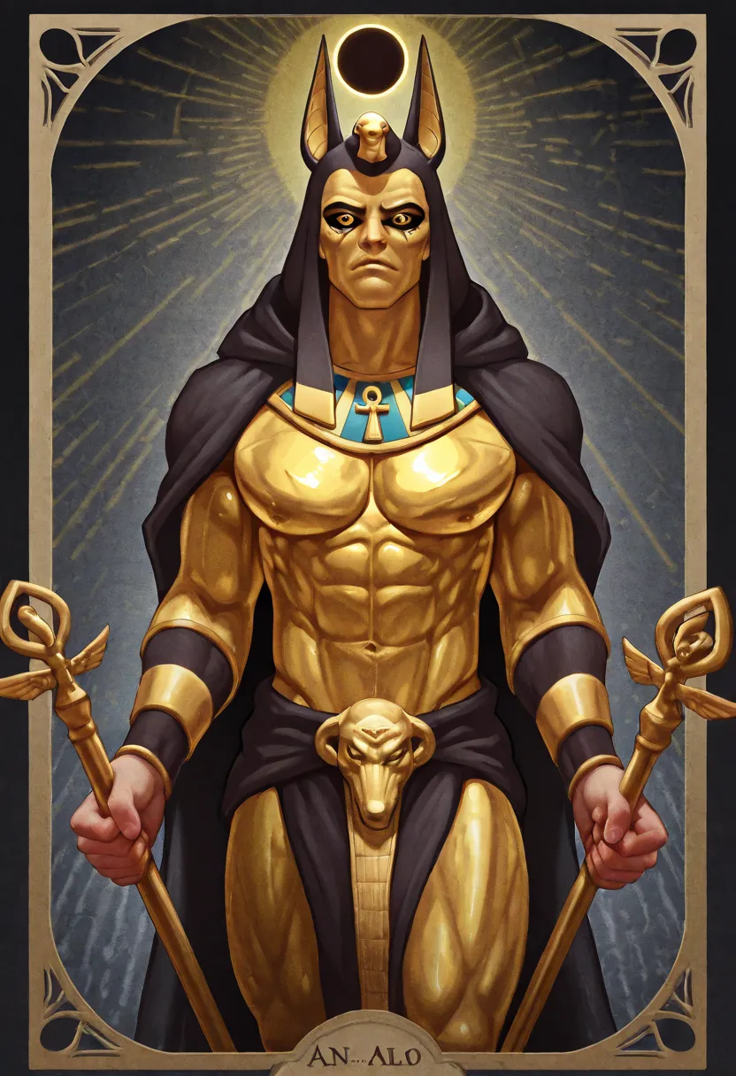 Tarot Card: Death – Anubis, Guardian of Transformation Anubis, the Egyptian god of the afterlife, stands tall, his jackal eyes glowing with divine wisdom. Cloaked in dark robes, he holds the Was scepter in one hand and the Ankh in the other—symbols of endi...