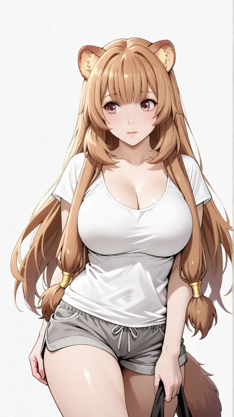 masterpiece, extremely detailed,perfect skin texture,4k,solo,1girl ,((fullbody)),raphtalia,sexy legs,perfect body,large breasts,cleavage,bangs,brown eyes,white t-shirt,grey shorts,housewife, high detailed, best quality, upper body, white plain background ,...