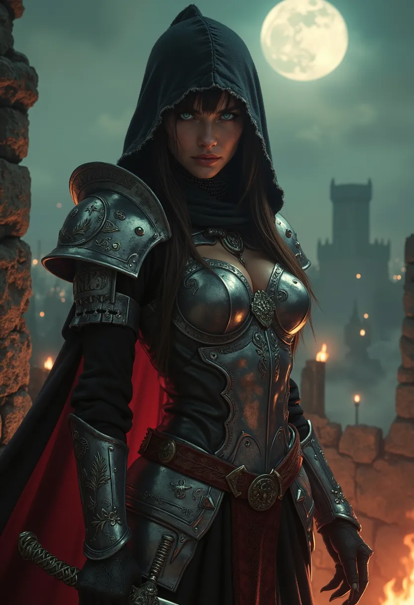 a stunning, high-contrast, cinematic photograph of a legendary female assassin, enveloped in an aura of mystery and lethal intent, set against the backdrop of a mist-shrouded, medieval battlefield at dusk. Her piercing, emerald-green eyes, fringed with dar...