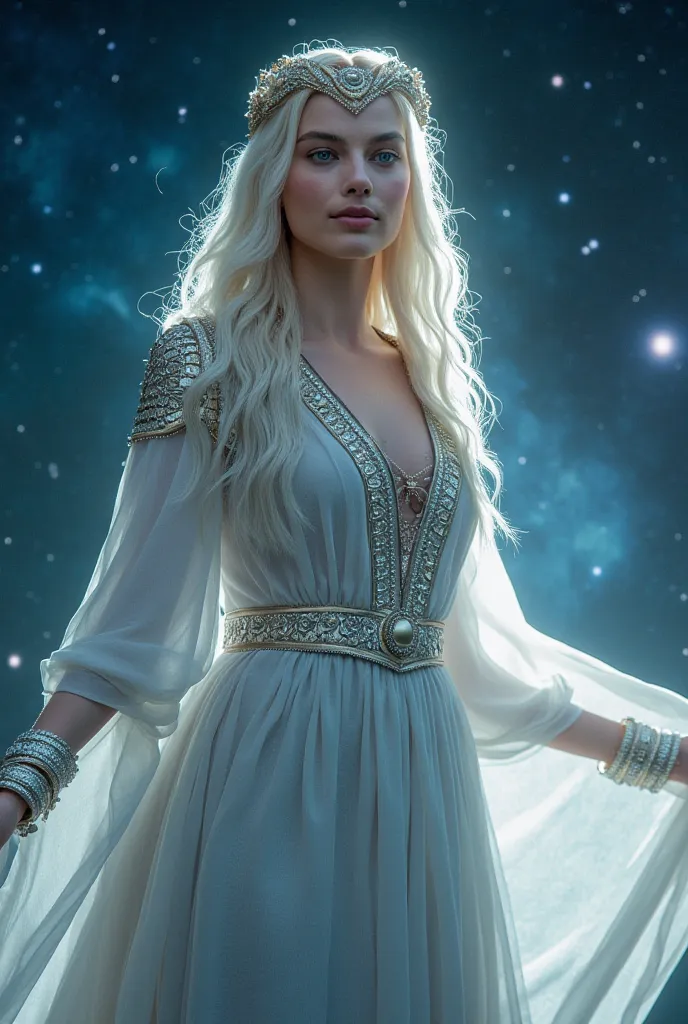 Create a hyper-detailed, cinematic portrait of Frigg, the Norse goddess of foresight, marriage, and domesticity. She appears as an ethereal, graceful woman with a serene, compassionate gaze and soft, knowing eyes. Her long, flowing hair—silver-blonde with ...