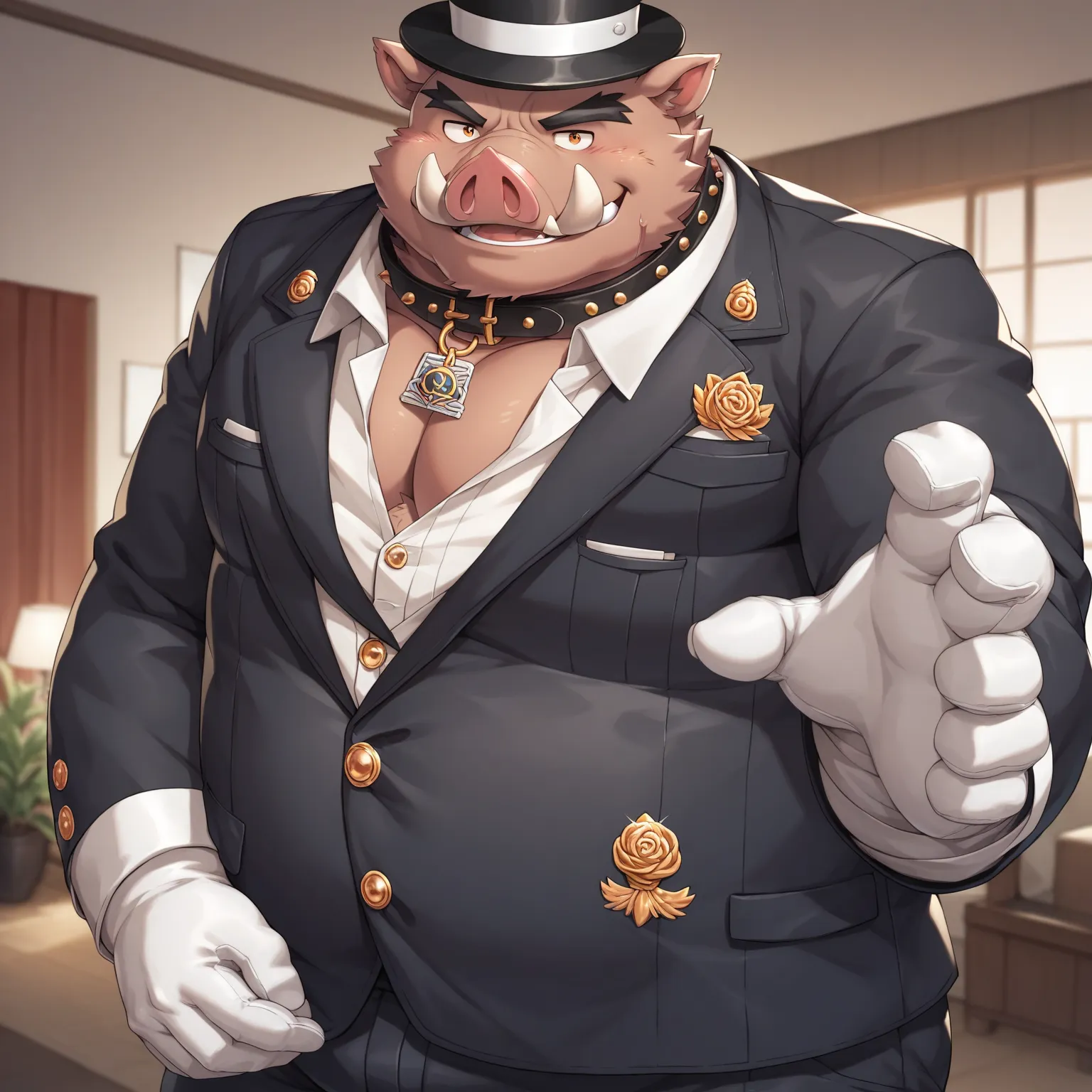 Scribble Boar face,Humanity(Boar),Chubby,(Black eyebrows:1.1),(Perfect eyes),Smooth Skin，（artist:Takemoto Arashi），Living room background，（Collar:1.3），claw，（Tailor Uniform:1.3）。Wearing a Leather collar around his neck. Wearing white gloves on his hands, fan...