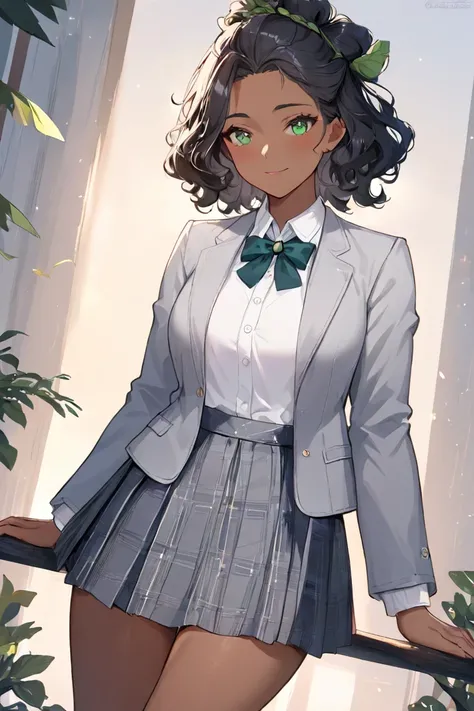 a girl, Afro-descendant, wavy hair, short hair, black hair, Bow hairstyle in the shape of a flower, dark skin tone, green eyes, big chest and waist, dressed in a school uniform with a gray jacket, camisa blanca, grey plaid skirt.